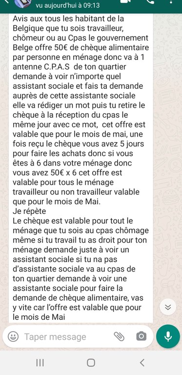 Message whatsapp chèque alimentaire